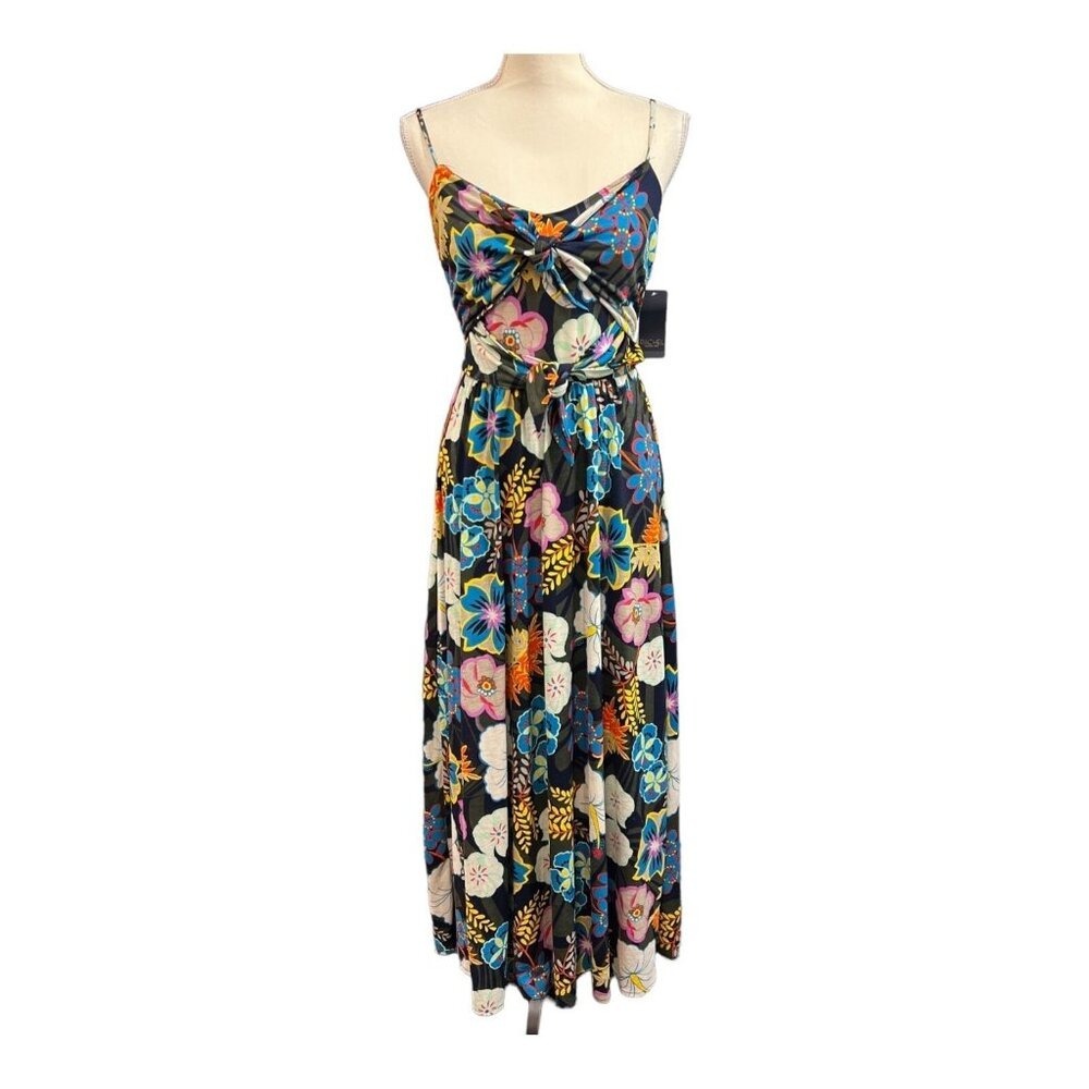 Rachel Roy Dress Black Floral Maxi Tie Detail Size M Tropical‎ Vacation Resort